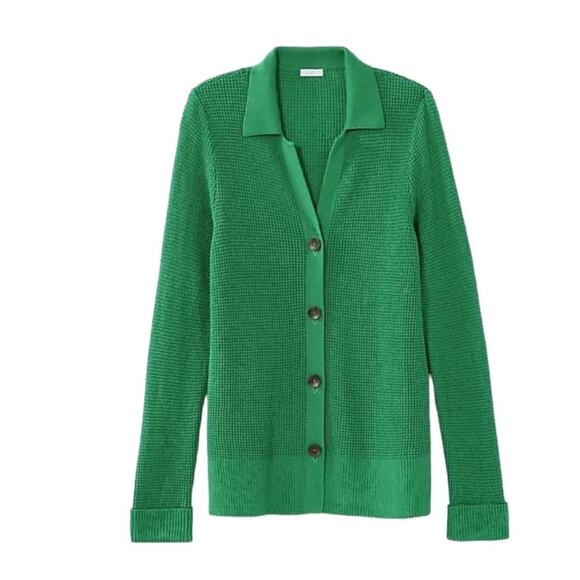 J. Jill Waffle Knit Collared Button Up Cardigan Sweater Green Size L Tall Long - Picture 1 of 14